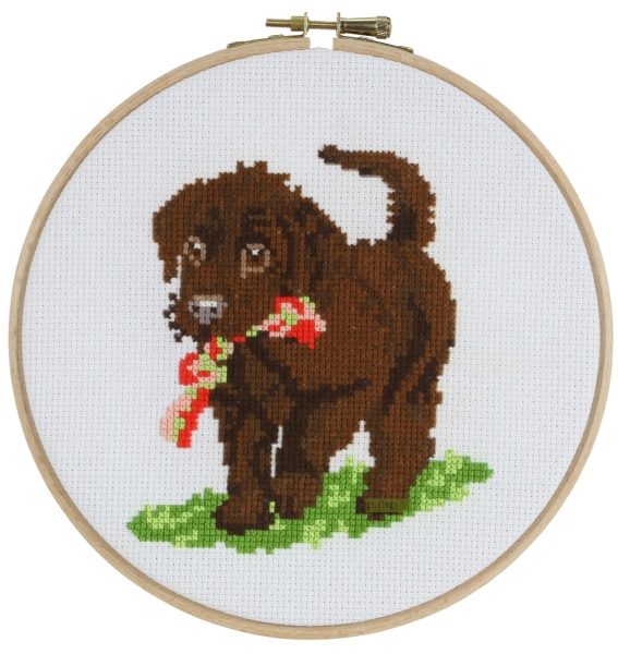 289021  PAKO COUNTED CROSS-STITCH 17cm Round DOG with a ROPE TOY
